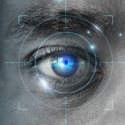 Retinal biometrics technology with man’s eye digital remix